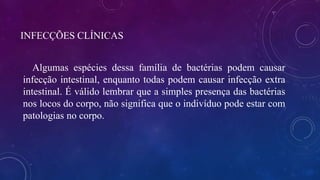 INFECÇÕES CLÍNICAS
Algumas espécies dessa família de bactérias podem causar
infecção intestinal, enquanto todas podem causar infecção extra
intestinal. É válido lembrar que a simples presença das bactérias
nos locos do corpo, não significa que o indivíduo pode estar com
patologias no corpo.
 