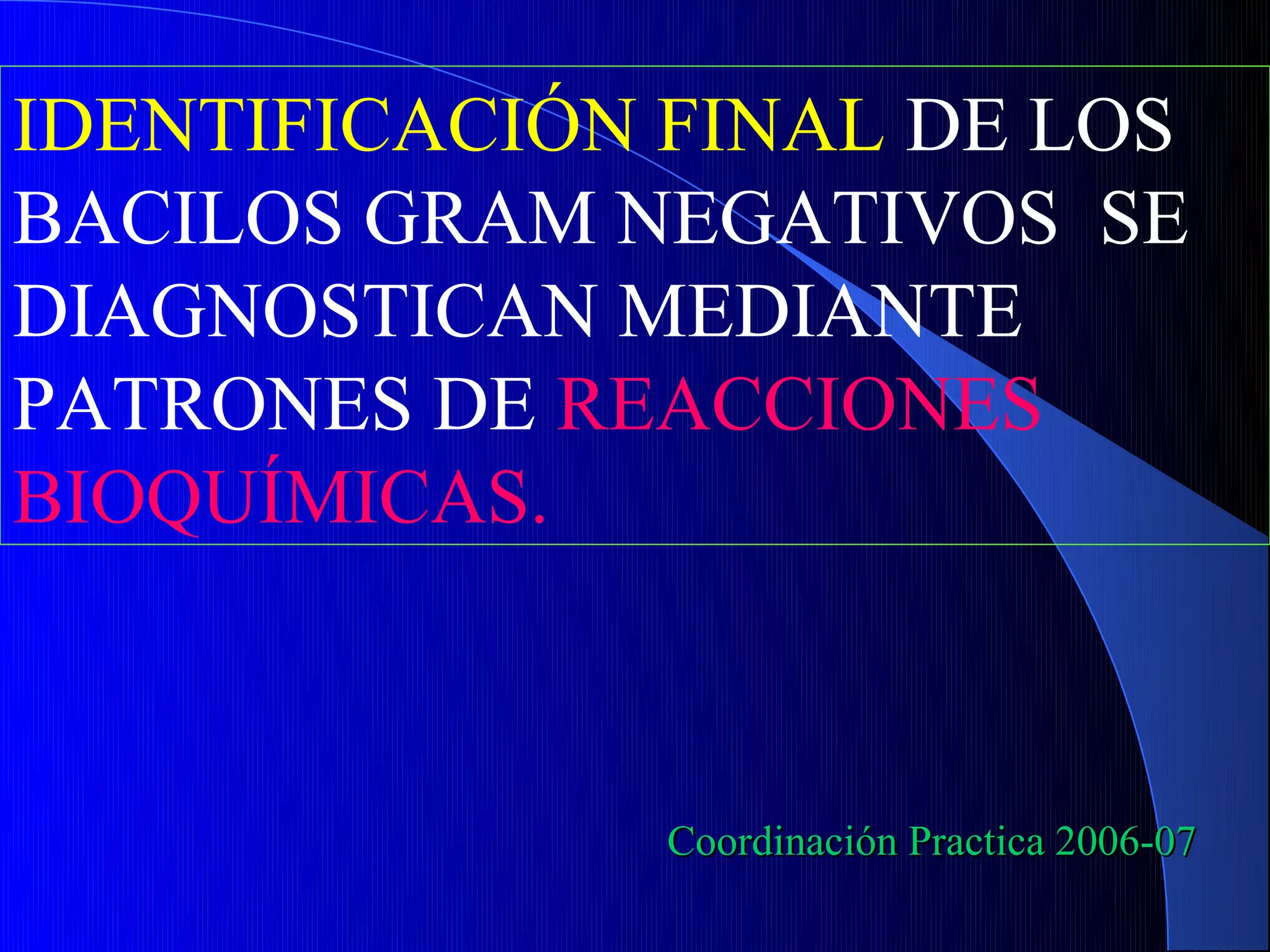 IDENTIFICACIÓN FINAL DE LOS
BACILOS GRAM NEGATIVOS SE
DIAGNOSTICAN MEDIANTE
PATRONES DE REACCIONES
BIOQUÍMICAS.



               Coordinación Practica 2006-07
 
