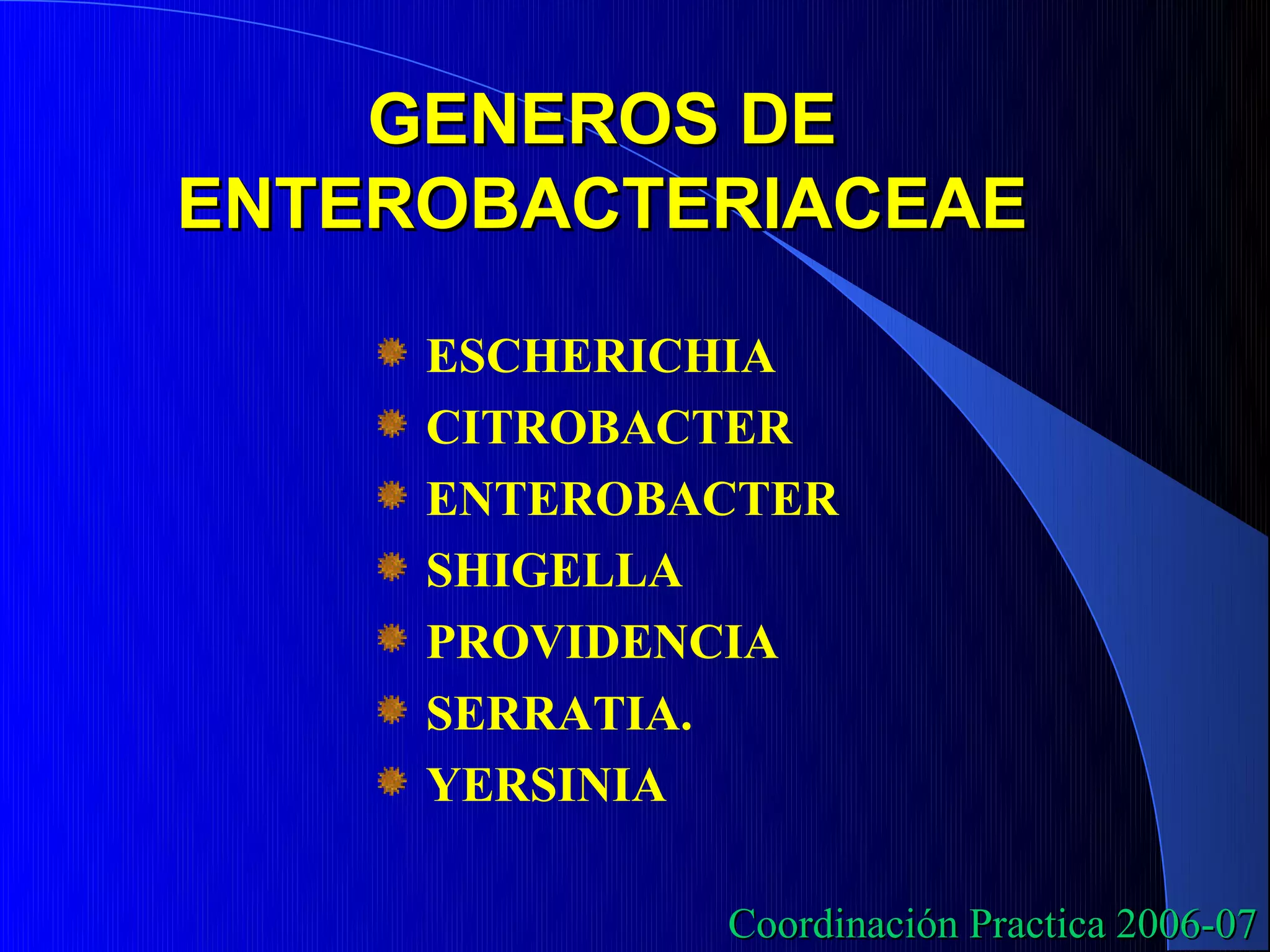GENEROS DE
ENTEROBACTERIACEAE

     ESCHERICHIA
     CITROBACTER
     ENTEROBACTER
     SHIGELLA
     PROVIDENCIA
     SERRATIA.
     YERSINIA

             Coordinación Practica 2006-07
 