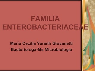 FAMILIA
ENTEROBACTERIACEAE

 María Cecilia Yaneth Giovanetti
 Bacteriologa-Ms Microbiología
 