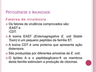 PATOGÊNESE E IMUNIDADE
Os fatores de virulência comprovados são:
EAST e
CDT.
 A toxina EAST (Enteroagregative E. coli Stable
Toxin) é um pequeno peptídeo da família ST.
 A toxina CDT é uma proteína que apresenta ação
distensora.
 São produzidas por diferentes amostras de E. coli;
 O lipídeo A e o peptideoglicano os membros
desta família estimulam a produção de citocinas.


 