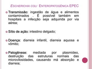 ESCHERICHIA COLI ENTEROPATOGÊNICA EPEC
 Transmissão:

ingestão de água e alimentos
contaminados . É possível também em
hospitais a infecção seja adquirida por via
aérea;

 Sítio

de ação: intestino delgado;

 Doença:

diarreia infantil, diarreia aquosa e

vômito;
 Patogênese:

mediada
por
plasmídeo,
destruição das estruturas normais das
microvilosidades, causando má absorção e
diarreia;

 