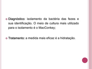 

Diagnóstico: isolamento da bactéria das fezes e
sua identificação. O meio de cultura mais utilizado
para o isolamento é o MacConkey;



Tratamento: a medida mais eficaz é a hidratação.

 