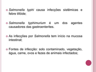 

Salmonella typhi causa infecções sistêmicas e
febre tifóide;



Salmonella typhimurium é um
causadores das gastroenterites.



As infecções por Salmonella tem início na mucosa
intestinal;



Fontes de infecção: solo contaminado, vegetação,
água, carne, ovos e fezes de animais infectados;

dos

agentes

 