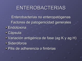 ENTEROBACTERIAS Enterobacterias no enteropatógenas Factores de patogenicidad generales Endotoxina Cápsula Variación antigénica de fase (ag K y ag H) Sideróforos Pilis de adherencia o fimbrias 