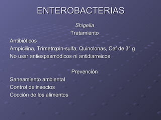 ENTEROBACTERIAS Shigella Tratamiento Antibióticos Ampicilina, Trimetropin-sulfa, Quinolonas, Cef de 3 ° g No usar antiespasmódicos ni antidiarreicos Prevención Saneamiento ambiental Control de insectos Cocción de los alimentos 