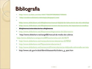 Bibliografia  http://www.scribd.com/doc/6467706/ENTEROBACTERIAS   http://senderosdelamicrobiologia.blogspot.com/     http://www.slideshare.net/Altajimenez/manual-digital-de-laboratorio-de-microbiologia http://www.slideshare.net/Altajimenez/resmen-de-bacterias-de-importancia-medica Altajimenez/enterobacterias-altajimenez  http://www.slideshare.net/Altajimenez/diagnostico-de-laboratorio   http://www.slideshare.net/sangel06/manual-de-medio-de-cultivos   http://www.slideshare.net/gramos089/escherichia-coli-2618679   http://www.slideshare.net/marjacobo/enterobacterias-2578920 http://www.slideshare.net/Majox/enterobacterias-2 http://www.slideshare.net/luzmerymd3/enterobacterias-klebsiella-salmonella-serratia http://www.cdc.gov/ncidod/dbmd/diseaseinfo/cholera_g_span.htm          11/20/11 