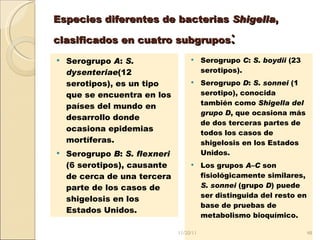Especies diferentes de bacterias  Shigella , clasificados en cuatro subgrupos : Serogrupo  A :  S. dysenteriae (12 serotipos), es un tipo que se encuentra en los países del mundo en desarrollo donde ocasiona epidemias mortíferas. Serogrupo  B :  S. flexneri  (6 serotipos), causante de cerca de una tercera parte de los casos de shigelosis en los Estados Unidos. Serogrupo  C :  S. boydii  (23 serotipos). Serogrupo  D :  S. sonnei  (1 serotipo), conocida también como  Shigella del grupo D , que ocasiona más de dos terceras partes de todos los casos de shigelosis en los Estados Unidos. Los grupos  A – C  son fisiológicamente similares,  S. sonnei  (grupo  D ) puede ser distinguida del resto en base de pruebas de metabolismo bioquímico. 11/20/11 