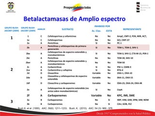 Betalactamasas de Amplio espectro
GRUPO BUSH- GRUPO BUSHAMBLER
JACOBY (2009) JACOBY (2009)

SUSTRATO

INHIBIDO POR
Ac. Clav.

REPRESENTANTE

EDTA

C

Cefalosporinas y cefamicinas

No

No

AmpC, CMY-2, FOX, MIR, ACT,

1e
2a

C
A

No
No

GCI, CMY-37
PC-1

A

Si

No

TEM-1, TEM-2, SHV-1

A

Si

No

TEM-3, SHV-2, CTX-M-15, PER-1

2br

A

No

No

TEM-30, SHV-10

2ber

A

No

No

TEM-50

2c
2ce
2d

A
A
D

Si
Si
Variable

No
No
No

PSE-1, CARB-3
RTG-4
OXA-1, OXA-10

2de

D

Cefalosporinas
Penicilinas
Penicilinas y cefalosporinas de primera
generación
Cefalosporinas de espectro extendido y
monobactámicos
Penicilinas
Cefalosporinas de espectro extendido y
monobactámicos
Carbenicilinas
Carbenicilina y cefepime
Cloxacilina
Cloxaxilina y cefalosporinas de espectro
extendido

No
Si

2be

Variable

No

0XA-11, OXA-15

2df

D

Cloxacilina y carbapenemes

Variable

No

OXA-23, OXA-24, OXA-48

2e

2

1

2b

1

A

Cefalosporinas de espectro extendido (no
actúa sobre monobactámicos)

Si

No

CepA

Variable

No

KPC, IMI, SME

Carbapenemes
Bush, K. 2f
(2010).A AAC. 54 (3): 969 - 976

3

3a

B

Carbapenemes

No

Si

IMP, VIM, GIM, SPM, SIM; NDM

3b

B

Carbapenemes

No

Si

CAU, GOB, FEZ

Bush K. et al (1995). AAC. 39(6): 1211–1233. Bush, K. (2010). AAC. 54 (3): 969 - 976

 