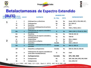 Betalactamasas de Espectro Extendido
(BLEE)

GRUPO BUSH- GRUPO BUSHAMBLER
JACOBY (2009) JACOBY (2009)

SUSTRATO

INHIBIDO POR

Ac. Clav.

REPRESENTANTE

EDTA

C

Cefalosporinas y cefamicinas

No

No

AmpC, CMY-2, FOX, MIR, ACT,

1e
2a

C
A

No
No

GCI, CMY-37
PC-1

A

Si

No

TEM-1, TEM-2, SHV-1

A

Si

No

TEM-3, SHV-2, CTX-M-15, PER-1

2br

A

No

No

TEM-30, SHV-10

2ber

A

No

No

TEM-50

2c
2ce
2d

A
A
D

Si
Si
Variable

No
No
No

PSE-1, CARB-3
RTG-4
OXA-1, OXA-10

2de

D

Cefalosporinas
Penicilinas
Penicilinas y cefalosporinas de primera
generación
Cefalosporinas de espectro extendido y
monobactámicos
Penicilinas
Cefalosporinas de espectro extendido y
monobactámicos
Carbenicilinas
Carbenicilina y cefepime
Cloxacilina
Cloxaxilina y cefalosporinas de espectro
extendido

No
Si

2be

Variable

No

0XA-11, OXA-15

2df

D

Cloxacilina y carbapenemes

Variable

No

OXA-23, OXA-24, OXA-48

2e

2

1

2b

1

A

Cefalosporinas de espectro extendido (no
actúa sobre monobactámicos)

Si

No

CepA

Variable

No

KPC, IMI, SME

Carbapenemes
Bush, K. 2f
(2010).A AAC. 54 (3): 969 - 976

3

3a

B

Carbapenemes

No

Si

IMP, VIM, GIM, SPM, SIM, NDM

3b

B

Carbapenemes

No

Si

CAU, GOB, FEZ

Bush K. et al (1995). AAC. 39(6): 1211–1233. Bush, K. (2010). AAC. 54 (3): 969 - 976

 