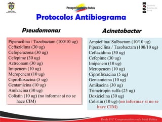 Protocolos Antibiograma
Pseudomonas
Piperacilina //Tazobactam (100/10 ug)
Piperacilina Tazobactam (100/10 ug)
Ceftazidima (30 ug)
Ceftazidima (30 ug)
Cefoperazona (30 ug)
Cefoperazona (30 ug)
Cefepime (30 ug)
Cefepime (30 ug)
Aztreonam (30 ug)
Aztreonam (30 ug)
Imipenem (10 ug)
Imipenem (10 ug)
Meropenem (10 ug)
Meropenem (10 ug)
Ciprofloxacina (5 ug)
Ciprofloxacina (5 ug)
Gentamicina (10 ug)
Gentamicina (10 ug)
Amikacina (30 ug)
Amikacina (30 ug)
Colistin (10 ug) (no informar si no se
Colistin (10 ug) (no informar si no se
hace CIM)
hace CIM)

Acinetobacter
Ampicilina/ Sulbactam (10/10 ug)
Piperacilina / Tazobactam (100/10 ug)
Ceftazidima (30 ug)
Cefepime (30 ug)
Imipenem (10 ug)
Meropenem (10 ug)
Ciprofloxacina (5 ug)
Gentamicina (10 ug)
Amikacina (30 ug)
Trimetropin sulfa (25 ug)
Doxiciclina (30 ug)
Colistin (10 ug) (no informar si no se
hace CIM)

 