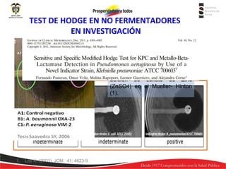 TEST DE HODGE EN NO FERMENTADORES
EN INVESTIGACIÓN
Para
detección
de
carbapenemasas
MBL
en
Pseudomonas
sp
y
Acinetobacter sp se recomienda
adición de sulfato de Zinc
(ZnSO4) en el Mueller- Hinton
(1).

1.

Lee K. (2003). JCM. 41: 4623-9

 