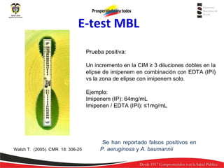 E-test MBL
Prueba positiva:
Un incremento en la CIM ≥ 3 diluciones dobles en la
elipse de imipenem en combinación con EDTA (IPI)
vs la zona de elipse con imipenem solo.
Ejemplo:
Imipenem (IP): 64mg/mL
Imipenen / EDTA (IPI): ≤1mg/mL

Walsh T. (2005). CMR. 18: 306-25

Se han reportado falsos positivos en
P. aeruginosa y A. baumannii

 