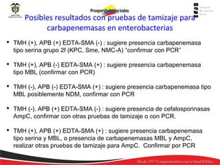 Posibles resultados con pruebas de tamizaje para
carbapenemasas en enterobacterias
 TMH (+), APB (+) EDTA-SMA (-) : sugiere presencia carbapenemasa
tipo serina grupo 2f (KPC, Sme, NMC-A) “confirmar con PCR”
 TMH (+), APB (-) EDTA-SMA (+) : sugiere presencia carbapenemasa
tipo MBL (confirmar con PCR)
 TMH (-), APB (-) EDTA-SMA (+) : sugiere presencia carbapenemasa tipo
MBL posiblemente NDM, confirmar con PCR
 TMH (-), APB (+) EDTA-SMA (-) : sugiere presencia de cefalosporinasas
AmpC, confirmar con otras pruebas de tamizaje o con PCR.
 TMH (+), APB (+) EDTA-SMA (+) : sugiere presencia carbapenemasa
tipo serina y MBL, o presencia de carbapenemasas MBL y AmpC,
realizar otras pruebas de tamizaje para AmpC. Confirmar por PCR

 