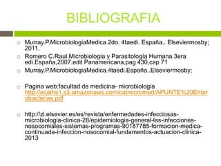 BIBLIOGRAFIA
 Murray.P.MicrobiologiaMedica.2do. 4taedi. España.. Elseviermosby;
2011.
 Romero C.Raul.Microbiologia y Parasitología Humana.3era
edi.España,2007.edit Panamericana,pag 430,cap 71
 Murray.P.MicrobiologiaMedica.4taedi.España..Elseviermosby;
 Pagina web:facultad de medicina- microbiologia
http://ecaths1.s3.amazonaws.com/catmicromed/APUNTE%20Enter
obacterias.pdf
 http://zl.elsevier.es/es/revista/enfermedades-infecciosas-
microbiologia-clinica-28/epidemiologia-general-las-infecciones-
nosocomiales-sistemas-programas-90187785-formacion-medica-
continuada-infeccion-nosocomial-fundamentos-actuacion-clinica-
2013
 