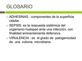 GLOSARIO
 ADHESINAS : componentes de la superficie
celular.
 SEPSIS: es la respuesta sistémica del
organismo huésped ante una infección, con
finalidad eminentemente defensiva.
 VIRULENCIA : es el grado de patogenicidad
de una colonia microbiana.
 