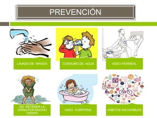 LAVADO DE MANOS CONSUMO DE AGUA ASEO PERINEAL
NO RETENER LA
ORINA POR MUCHO
TIEMPO
ASEO CORPORAL HÁBITOS SALUDABLES
PREVENCIÓN
 