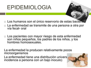 EPIDEMIOLOGIA
 Los humanos son el único reservorio de estas bacterias
 La enfermedad se transmite de una persona a otra por
vía fecal- oral
 Los pacientes con mayor riesgo de esta enfermedad
son niños pequeños, los padres de los niños, y los
hombres homosexuales.
La enfermedad la producen relativamente pocos
microorganismos
La enfermedad tiene una distribución universal sin
incidencia a persona con un bajo inoculo)
 