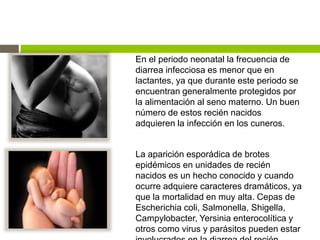 En el periodo neonatal la frecuencia de
diarrea infecciosa es menor que en
lactantes, ya que durante este periodo se
encuentran generalmente protegidos por
la alimentación al seno materno. Un buen
número de estos recién nacidos
adquieren la infección en los cuneros.
La aparición esporádica de brotes
epidémicos en unidades de recién
nacidos es un hecho conocido y cuando
ocurre adquiere caracteres dramáticos, ya
que la mortalidad en muy alta. Cepas de
Escherichia coli, Salmonella, Shigella,
Campylobacter, Yersinia enterocolítica y
otros como virus y parásitos pueden estar
 
