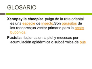 GLOSARIO
Xenopsylla cheopis: pulga de la rata oriental
es una especie de insecto.Son parásitos de
los roedores;un vector primario para la peste
bubónica.
Pustula: lesiones en la piel y mucosas por
acumulación epidérmica o subdérmica de pus
 