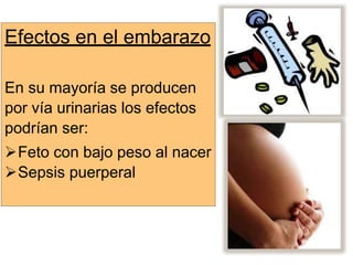 Efectos en el embarazo
En su mayoría se producen
por vía urinarias los efectos
podrían ser:
Feto con bajo peso al nacer
Sepsis puerperal
 