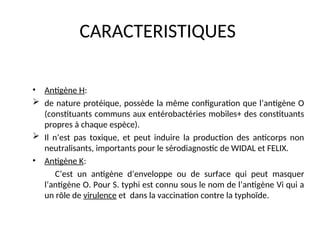 CARACTERISTIQUES
• Antigène H:
 de nature protéique, possède la même configuration que l’antigène O
(constituants communs aux entérobactéries mobiles+ des constituants
propres à chaque espèce).
 Il n’est pas toxique, et peut induire la production des anticorps non
neutralisants, importants pour le sérodiagnostic de WIDAL et FELIX.
• Antigène K:
C’est un antigène d’enveloppe ou de surface qui peut masquer
l’antigène O. Pour S. typhi est connu sous le nom de l’antigène Vi qui a
un rôle de virulence et dans la vaccination contre la typhoïde.
 