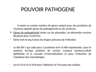 POUVOIR PATHOGENE
Il existe un certain nombre de gènes codant pour des protéines de
virulence appelés gènes de pathogénicité ou de virulence:
 Gènes de pathogénicité situés sur les plasmides, on dénombre environ
60 gènes pour S.enterica.
- Gène invA et org A dans les étapes précoces de l’infection
- Le ilôt SPI 1 qui code pour 2 protéines invF et HilA importantes pour le
système Inv/Spa protéine de surface (contact bactérie-cellule
épithéliale et la cascade d’internalisation) et pour l’induction de
l’apoptose des macrophages.
- Les ivi VI-A et ivi VI-B dans l’adhésion et l’invasion des cellules
 