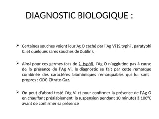 DIAGNOSTIC BIOLOGIQUE :
 Certaines souches voient leur Ag O caché par l’Ag Vi (S.typhi , paratyphi
C, et quelques rares souches de Dublin).
 Ainsi pour ces germes (cas de S. typhi), l’Ag O n’agglutine pas à cause
de la présence de l’Ag Vi, le diagnostic se fait par cette remarque
combinée des caractères biochimiques remarquables qui lui sont
propres : ODC-Citrate-Gaz.
 On peut d’abord testé l’Ag Vi et pour confirmer la présence de l’Ag O
en chauffant préalablement la suspension pendant 10 minutes à 100°C
avant de confirmer sa présence.
 