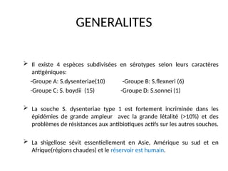GENERALITES
 Il existe 4 espèces subdivisées en sérotypes selon leurs caractères
antigéniques:
-Groupe A: S.dysenteriae(10) -Groupe B: S.flexneri (6)
-Groupe C: S. boydii (15) -Groupe D: S.sonnei (1)
 La souche S. dysenteriae type 1 est fortement incriminée dans les
épidémies de grande ampleur avec la grande létalité (>10%) et des
problèmes de résistances aux antibiotiques actifs sur les autres souches.
 La shigellose sévit essentiellement en Asie, Amérique su sud et en
Afrique(régions chaudes) et le réservoir est humain.
 