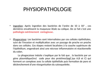 PHYSIOPATHOLOGIE
• Ingestion: Après ingestion des bactéries de l’ordre de 10 à 102
, ces
dernières envahissent la muqueuse iléale ou colique. De ce fait c’est une
pathologie extrêmement contagieuse.
• Phagocytose: Les bactéries sont internalisées par ces cellules épithéliales,
suivi de l’invasion et multiplication avec un passage de proche en proche
dans ces cellules. Ces étapes restent localisées à la couche supérieure de
l’épithélium, engendrant ainsi une nécrose inflammatoire et réactionnelle
du colon.
La phagocytose induite s’explique par le fait que , la bactérie par un
gène plasmidique(inv) code pour des protéines(IpgC,Ipa A,B et C) qui
forment un complexe avec la cellule épithéliale puis formation de pore et
déclenchement d’une réorganisation du cytosquelette.
 