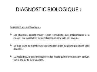 DIAGNOSTIC BIOLOGIQUE :
Sensibilité aux antibiotiques:
 Les shigelles appartiennent selon sensibilité aux antibiotiques à la
classe I qui possèdent des céphalosporinases de bas niveau.
 De nos jours de nombreuses résistances dues au grand plasmide sont
décrites.
 L’ampicilline, le cotrimoxazole et les fluoroquinolones restent actives
sur la majorité des souches.
 