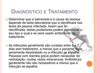 DIAGNÓSTICO E TRATAMENTO
 Determinar que a salmonela é a causa da doença
depende de teste laboratorial que a identificará nas
fezes da pessoa infectada. Assim que for
identificada, testes posteriores podem determinar o
seu tipo e qual e se será usado antibióticos no
tratamento.
 As infecções geralmente são curadas entre 5 e 7
dias sem tratamento, a menos que o paciente fique
seriamente desidratado ou a infecção se espalhe.
Pessoas com diarréia grave podem necessitar de
reidratação, muitas vezes intravenosa. Antibióticos
geralmente não são necessários a menos que a
infecção se espalhe.
 