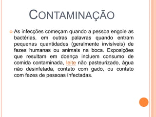 CONTAMINAÇÃO
   As infecções começam quando a pessoa engole as
    bactérias, em outras palavras quando entram
    pequenas quantidades (geralmente invisíveis) de
    fezes humanas ou animais na boca. Exposições
    que resultam em doença incluem consumo de
    comida contaminada, leite não pasteurizado, água
    não desinfetada, contato com gado, ou contato
    com fezes de pessoas infectadas.
 