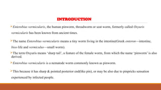Enterobius vermicularis, the human pinworm, threadworm or seat worm, formerly called Oxyuris
vermicularis has been known from ancient times.
The name Enterobius vermicularis means a tiny worm living in the intestine(Greek enteron—intestine,
bios-life and vermiculus—small worm).
The term Oxyuris means ‘sharp tail’, a feature of the female worm, from which the name ‘pinworm’ is also
derived.
Enterobius vermicularis is a nematode worm commonly known as pinworm.
This because it has sharp & pointed posterior end(like pin), or may be also due to pinpricks sensation
experienced by infected people.
INTRODUCTION
 