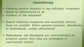 Chemotherapy
 Following positive diagnosis in any individual, treatment
should be administered to all
 members of the household.
 Several relatively inexpensive and essentially nontoxic
drugs are available. Either pyrantel pamoate, albendazole,
or mebendazole, usually administered
 Mebendazole and albendazole are contraindicated for
pregnant women since they are teratogenic in
experimental animals.
 