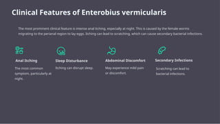 Clinical Features of Enterobius vermicularis
The most prominent clinical feature is intense anal itching, especially at night. This is caused by the female worms
migrating to the perianal region to lay eggs. Itching can lead to scratching, which can cause secondary bacterial infections.
Anal Itching
The most common
symptom, particularly at
night.
Sleep Disturbance
Itching can disrupt sleep.
Abdominal Discomfort
May experience mild pain
or discomfort.
Secondary Infections
Scratching can lead to
bacterial infections.
 