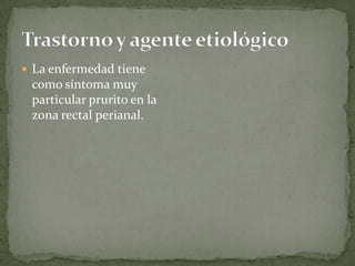 Trastorno y agente etiológicoLa enfermedad tiene como síntoma muy particular prurito en la zona rectal perianal.