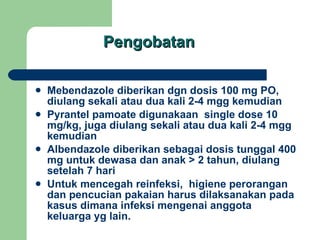 Pengobatan Mebendazole diberikan dgn dosis 100 mg PO, diulang sekali atau dua kali 2-4 mgg kemudian Pyrantel pamoate digunakaan  single dose 10 mg/kg, juga diulang sekali atau dua kali 2-4 mgg kemudian Albendazole diberikan sebagai dosis tunggal 400 mg untuk dewasa dan anak > 2 tahun, diulang setelah 7 hari Untuk mencegah reinfeksi,  higiene perorangan dan pencucian pakaian harus dilaksanakan pada kasus dimana infeksi mengenai anggota keluarga yg lain. 
