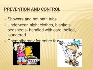 PREVENTION AND CONTROL

 Showers and not bath tubs
 Underwear, night clothes, blankets
  bedsheets- handled with care, boiled,
  laundered
 Chemotherapy for entire family
 