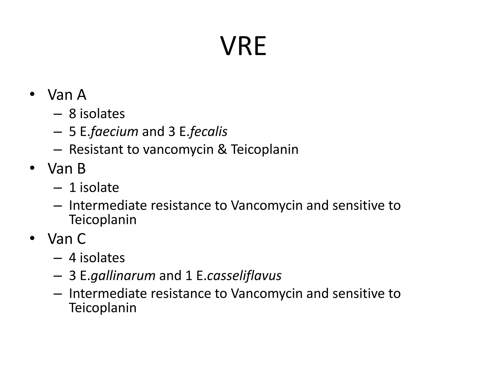 VRE
• Van A
   – 8 isolates
   – 5 E.faecium and 3 E.fecalis
   – Resistant to vancomycin & Teicoplanin
• Van B
   – 1 isolate
   – Intermediate resistance to Vancomycin and sensitive to
     Teicoplanin
• Van C
   – 4 isolates
   – 3 E.gallinarum and 1 E.casseliflavus
   – Intermediate resistance to Vancomycin and sensitive to
     Teicoplanin
 