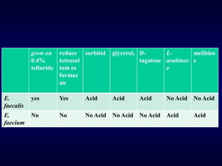 grow on reduce sorbitol   glycerol, D-       L-       melibios
           0.4%      tetrazol                  tagatose arabinos e
           telluride ium to                             e
                     formaz
                     an

E.         yes     Yes     Acid      Acid     Acid     No Acid No Acid
faecalis
E.         No      No      No Acid No Acid No Acid Acid          Acid
faecium
 