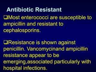 Antibiotic Resistant
Most enterococci are susceptible to
ampicillin and resistant to
cephalosporins.

Resistance is shown against
penicillin. Vancomycinand ampicillin
resistance appear to be
emerging,associated particularly with
hospital infections.
 