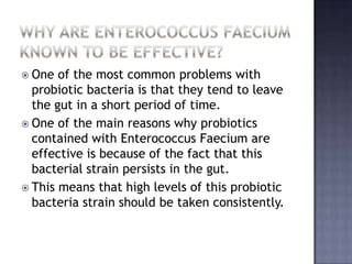  One of the most common problems with
probiotic bacteria is that they tend to leave
the gut in a short period of time.
 One of the main reasons why probiotics
contained with Enterococcus Faecium are
effective is because of the fact that this
bacterial strain persists in the gut.
 This means that high levels of this probiotic
bacteria strain should be taken consistently.
 
