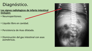 Diagnóstico.
Los signos radiologicos de infarto intestinal
incluyen:
• Neumoperitoneo.
• Líquido libre en cavidad.
• Persistencia de Asas dilatada.
• Disminución del gas intestinal con asas
asimétricas.
 
