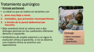 Tratamiento quirúrgico.
• Drenaje peritoneal.
• Lo ideal es que se realice en lactantes con
1. peso muy bajo a nacer,
2. Inestables, que presentan neumoperitoneo
3. o tinción de la pared abdominal por
meconio.
• Bajo anestesia local se coloca uno o dos
drenajes penrose en los cuadrantes inferiores
derecho e izquierdo.
• Antibióticos de amplio espectro y se sigue la
evolución clínica al paciente, si no se observa
una mejoría clínica se practica una
laparotomía.
 