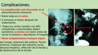 Complicaciones.
• La complicación más frecuente es el
estrechamiento intestinal.
• Sobre todo en el colon.
• 3 semanas a meses después de
tratamiento.
• Todos los recién nacidos con NEC
complicada y ostomizados deben
someterse a enema con bario antes de
cerrar el estóma o abandonar el hospital.
• Otras complicaciones incluyen sepsis
por hongo, estenosis del estóma, fistula
enterica, síndrome del intestino corto,
absceso hepático, infección de la herida y
de deshicencia de la herida.
 