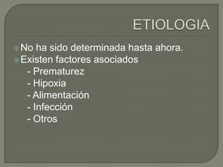  No  ha sido determinada hasta ahora.
 Existen factores asociados
   - Prematurez
   - Hipoxia
   - Alimentación
   - Infección
   - Otros
 