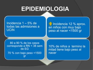 EPIDEMIOLOGIA

Incidencia 1 – 5% de           Incidencia 12 % aprox.
todas las admisiones a      en niños con muy bajo
UCIN                        peso al nacer <1500 gr


  80 a 90 % de los casos
corresponde a RN < 38 sem   10% de niños a termino la
          de EG             mitad tiene bajo peso al
 70 % con bajo peso <1500   nacer
            gr
 