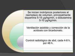 Se inician inotrópicos posteriores al
 reemplazo de volumen, principalmente
dopamina 5-15 µg/kg/min, o dobutamina
             5-10 µg/kg/min.

 Ventilación asistida y corrección de la
       acidosis con bicarbonato.


Control radiológico de abd, cada 4-8 h,
               por 48 h.
 