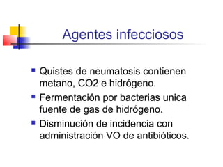 Agentes infecciosos
 Quistes de neumatosis contienen
metano, CO2 e hidrógeno.
 Fermentación por bacterias unica
fuente de gas de hidrógeno.
 Disminución de incidencia con
administración VO de antibióticos.
 